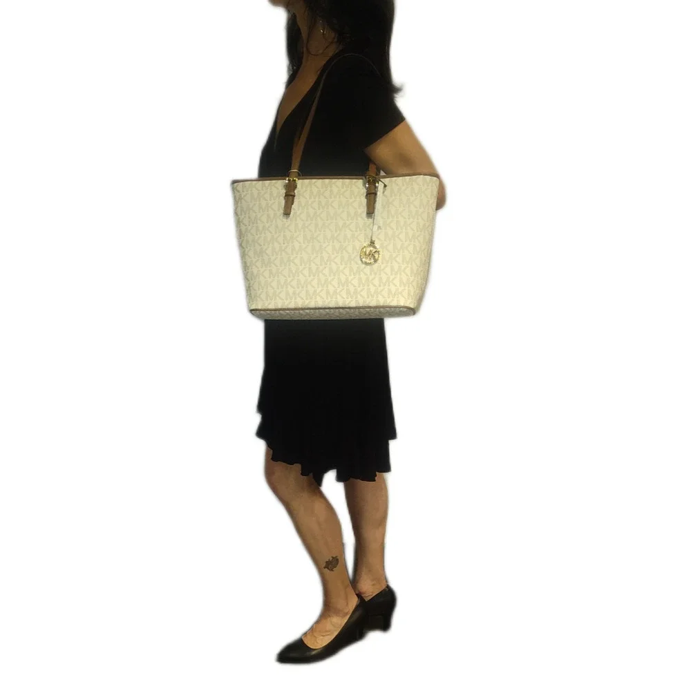 Michael Kors Quinn Large Signature Logo and Leather Tote - Vanilla/Acorn - NWOT
